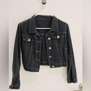 Dark Blue Cropped Jean Jacket with Contrast Stitching